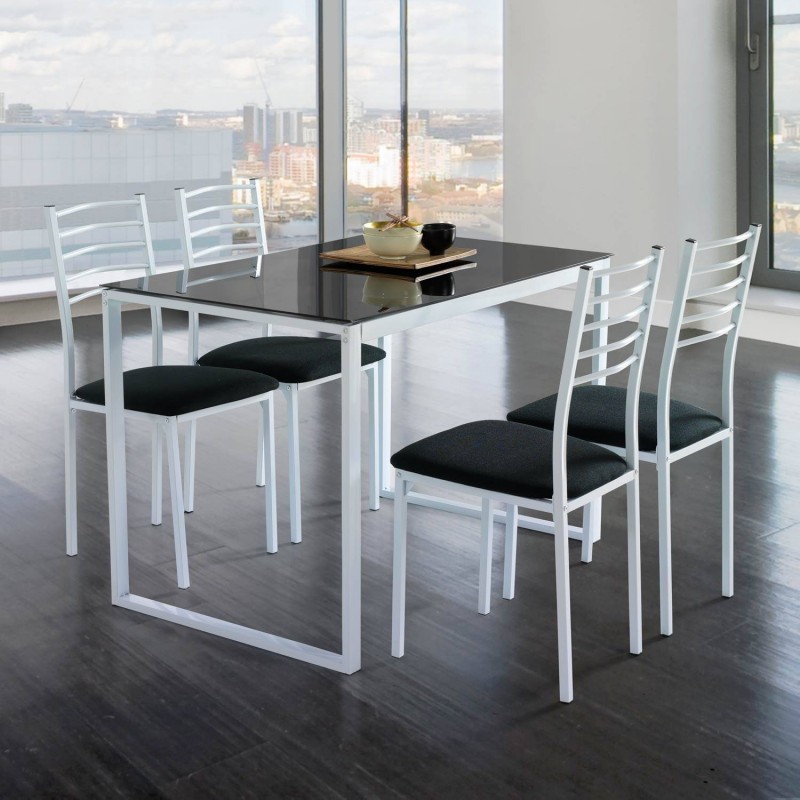 Mesa de cocina con 4 sillas barata, color blanco y negro, barato y