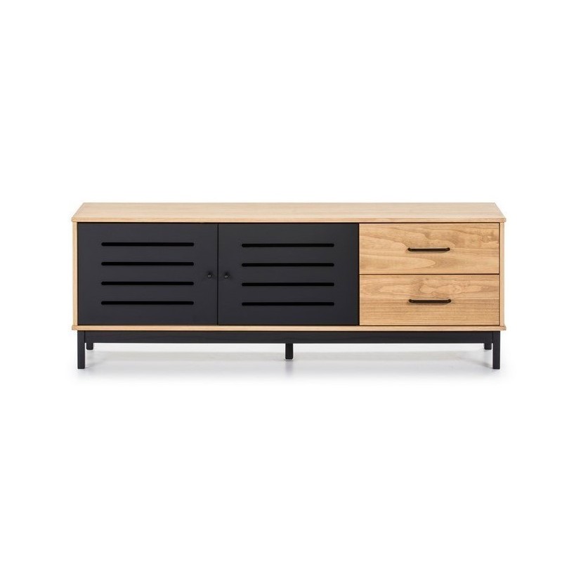 Mueble TV de estilo industrial de madera de pino acabado cera y negro,  barato. .
