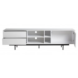 Mueble TV Barna 1 Puerta 2 Cajones Lacado Blanco_Patas Metálicas Negro de 180x40x50 cm