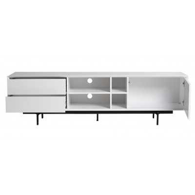 Mueble TV Barna 1 Puerta 2 Cajones Lacado Blanco_Patas Metálicas Negro de 180x40x50 cm