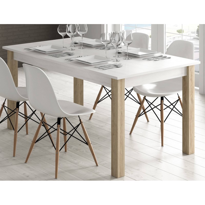 Mesa de comedor barata extensible en roble blanco y roble natural de