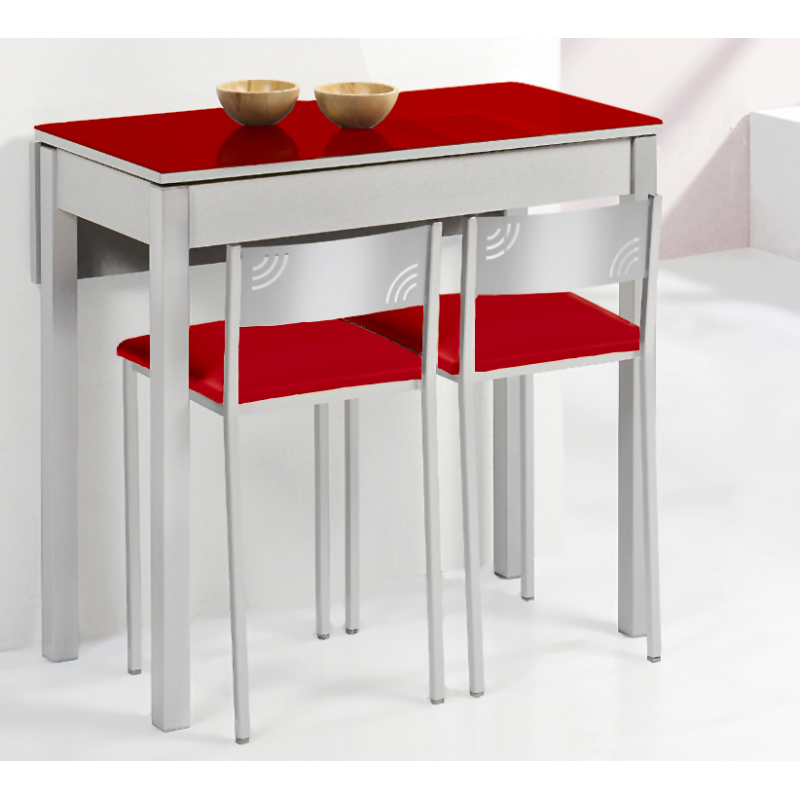 Mesa de cocina de aluminio y cristal extensible con 1 ala caída