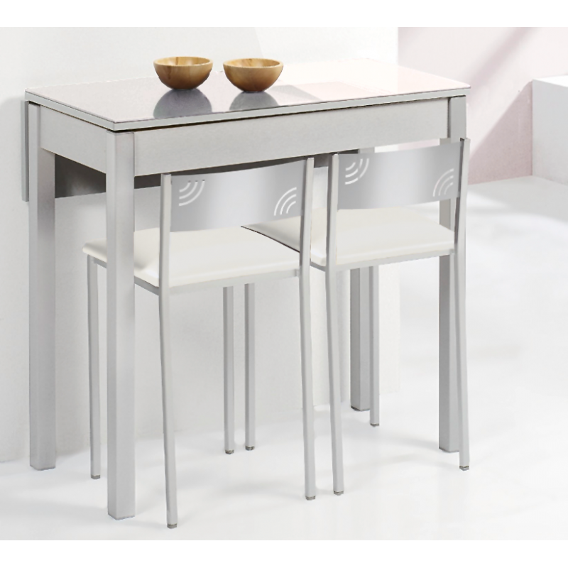 Mesa de cocina de aluminio y cristal extensible con 1 ala caída, funcional.