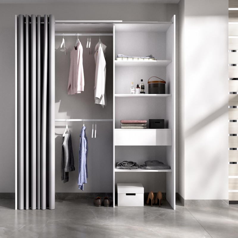 plan de ventas Egipto Escupir Armario vestidor blanco con cortina gris y un cajón Flexible y barato.