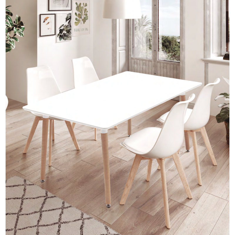 Pack Mesa de comedor extensible y 4 sillas blanco y patas madera de estilo  nórdico.