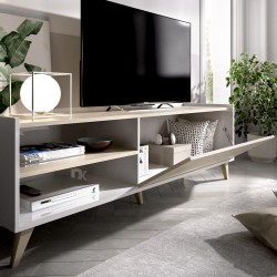 Mueble TV Oslo con Patas, Acabado Blanco / Roble Natural de 155x43x47 cm