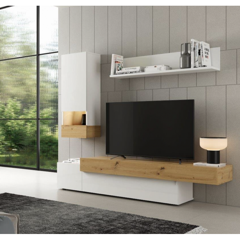 Mueble tv de estilo nórdico. Blanco combinado con madera natural