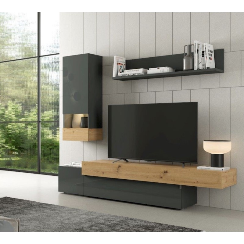 Mueble TV de 200 cm. acabado Lacado en grafito brillo y artisan de estilo  nórdico urbano muy actual, barato y funcional.