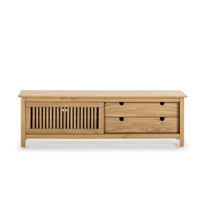 Mueble TV Brunete Una Puerta Corredera y Dos Cajones de Madera de Pino de 158x40x50 cm