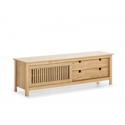 Mueble TV Brunete Una Puerta Corredera y Dos Cajones de Madera de Pino de 158x40x50 cm