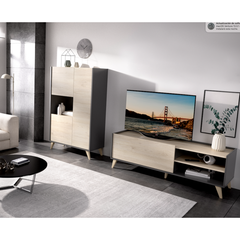 Mueble de salón de 200 cm. acabado Lacado grafito y gris de estilo urbano  muy actual, barato y funcional