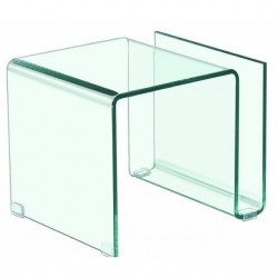 Mesa auxiliar de cristal transparente curvado con revistero.