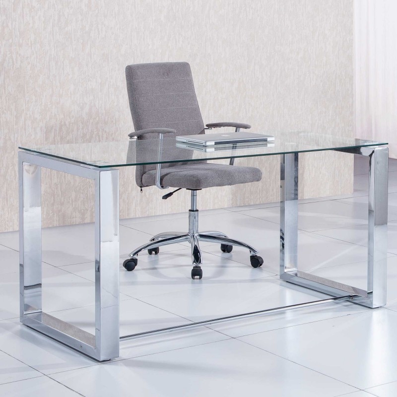 Mesa de oficina de cristal y patas cromadas de 140x70 cm de diseño