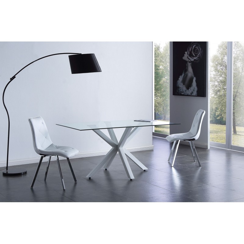 Mesa comedor fija de cristal y patas blancas de 160x90, barata y moderna