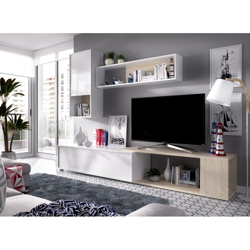 Mueble salón de tv flexible acabado blanco brillo y roble natural, barato y  versátil.
